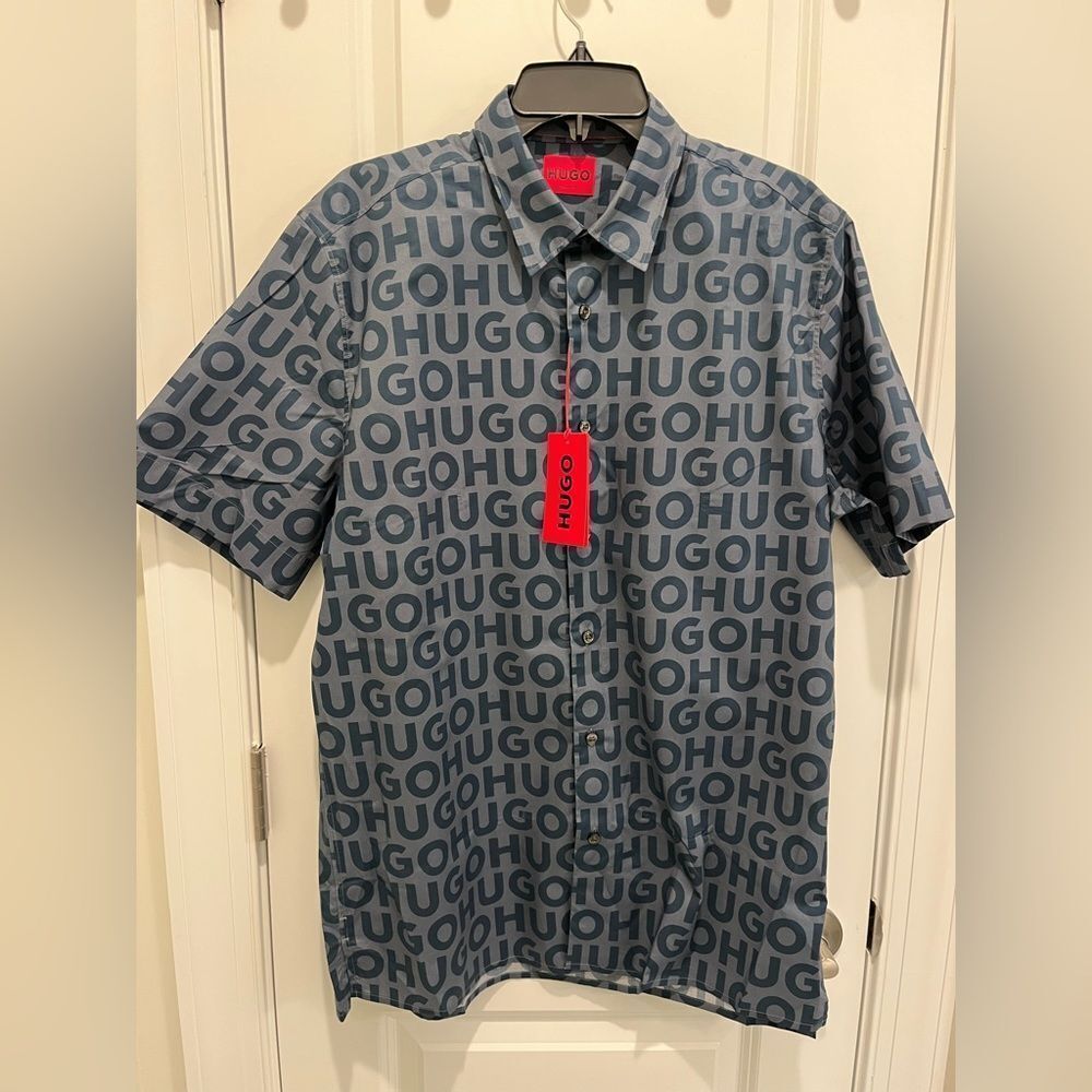 New Hugo Boss Spell Out Reverse Print SS 100% Cotton Travel Summer Beach Shirt